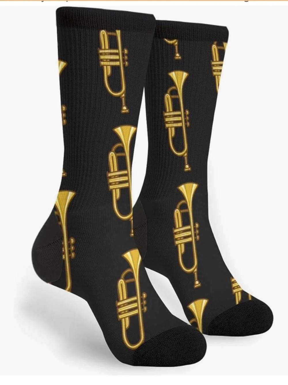 Black Crew Socks with Gold Trumpet Print